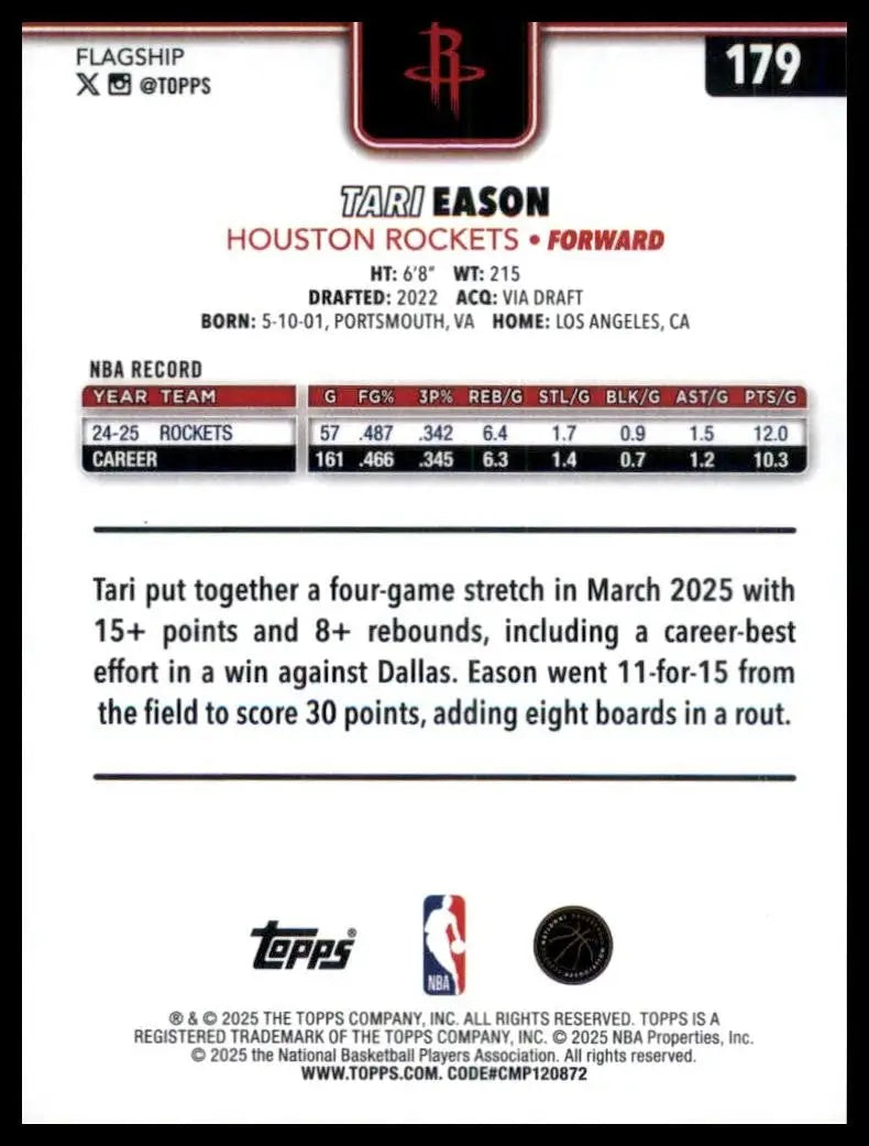 2025-26 Topps Season Tip Off Tari Eason #179 Houston Rockets Basketball Card NBA - Basketball Card Single