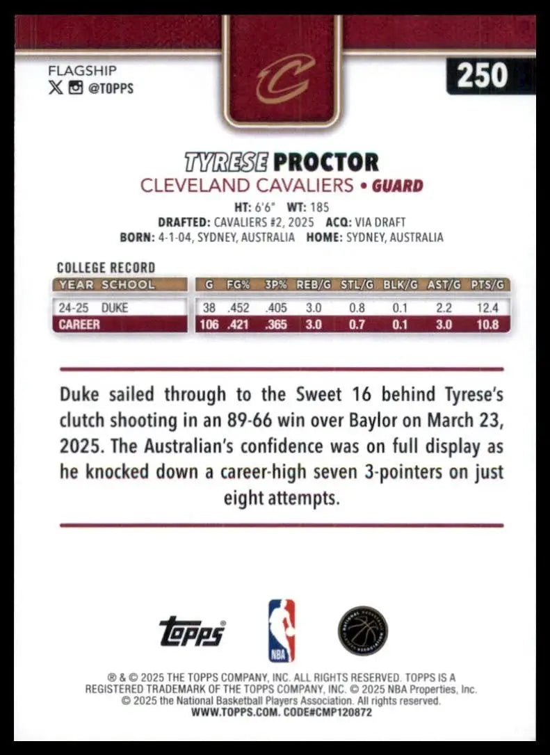 2025-26 Topps Season Tip Off Tyrese Proctor Rookie #250 Cleveland Cavaliers Card - Basketball Card Single