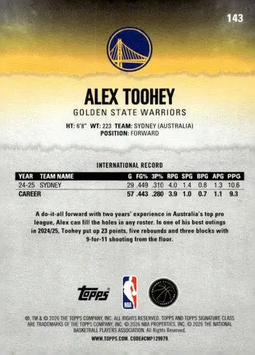 2025-26 Topps Signature Class #143 Alex Toohey NM Near Mint RC Rookie W ID:83415 - Basketball Card Single