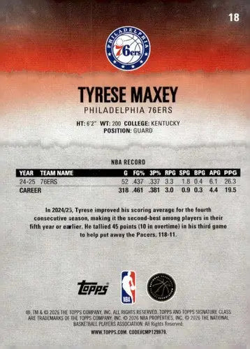 2025-26 Topps Signature Class #18 Tyrese Maxey NM Near Mint 76ers ID:83393 - Basketball Card Single