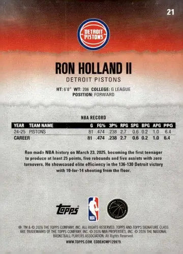 2025-26 Topps Signature Class #21 Ron Holland II NM Near Mint Pistons ID:83395 - Basketball Card Single