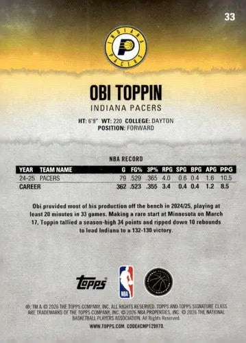2025-26 Topps Signature Class #33 Obi Toppin NM Near Mint Pacers ID:83397