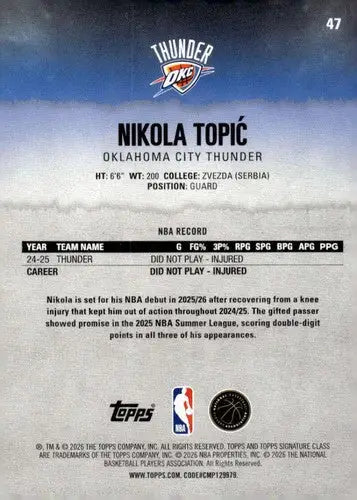 2025-26 Topps Signature Class #47 Nikola Topic NM Near Mint Thunder ID:83403