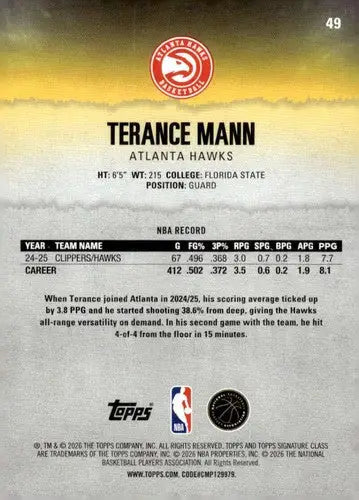 2025-26 Topps Signature Class #49 Terance Mann NM Near Mint Hawks ID:83404