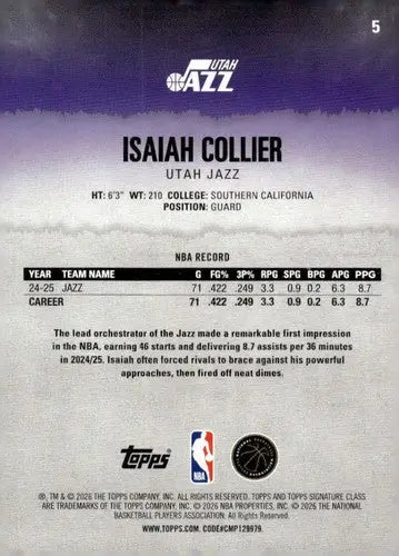 2025-26 Topps Signature Class #5 Isaiah Collier NM Near Mint Jazz ID:83389