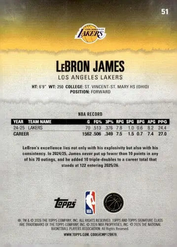 2025-26 Topps Signature Class #51 LeBron James NM Near Mint Lakers ID:83405