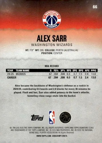2025-26 Topps Signature Class #66 Alex Sarr NM Near Mint Wizards ID:83409 - Basketball Card Single