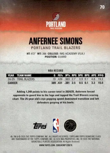 2025-26 Topps Signature Class #70 Anfernee Simons NM Near Mint Blazers ID:83410 - Basketball Card Single