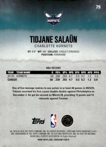 2025-26 Topps Signature Class #79 Tidjane Salaun NM Near Mint Hornets ID:83412 - Basketball Card Single