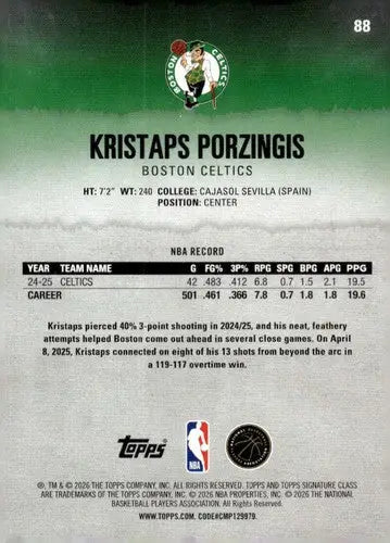 2025-26 Topps Signature Class #88 Kristaps Porzingis NM Near Mint Celti ID:83413 - Basketball Card Single