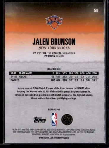 2025-26 Topps Signature Class Chrome Refractor #58 Jalen Brunson NM Nea ID:83416