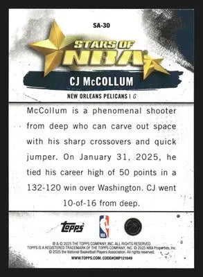 2025-26 Topps Stars of the NBA CJ McCollum #SA-30 Insert New Orleans Pelicans - Basketball Card Single