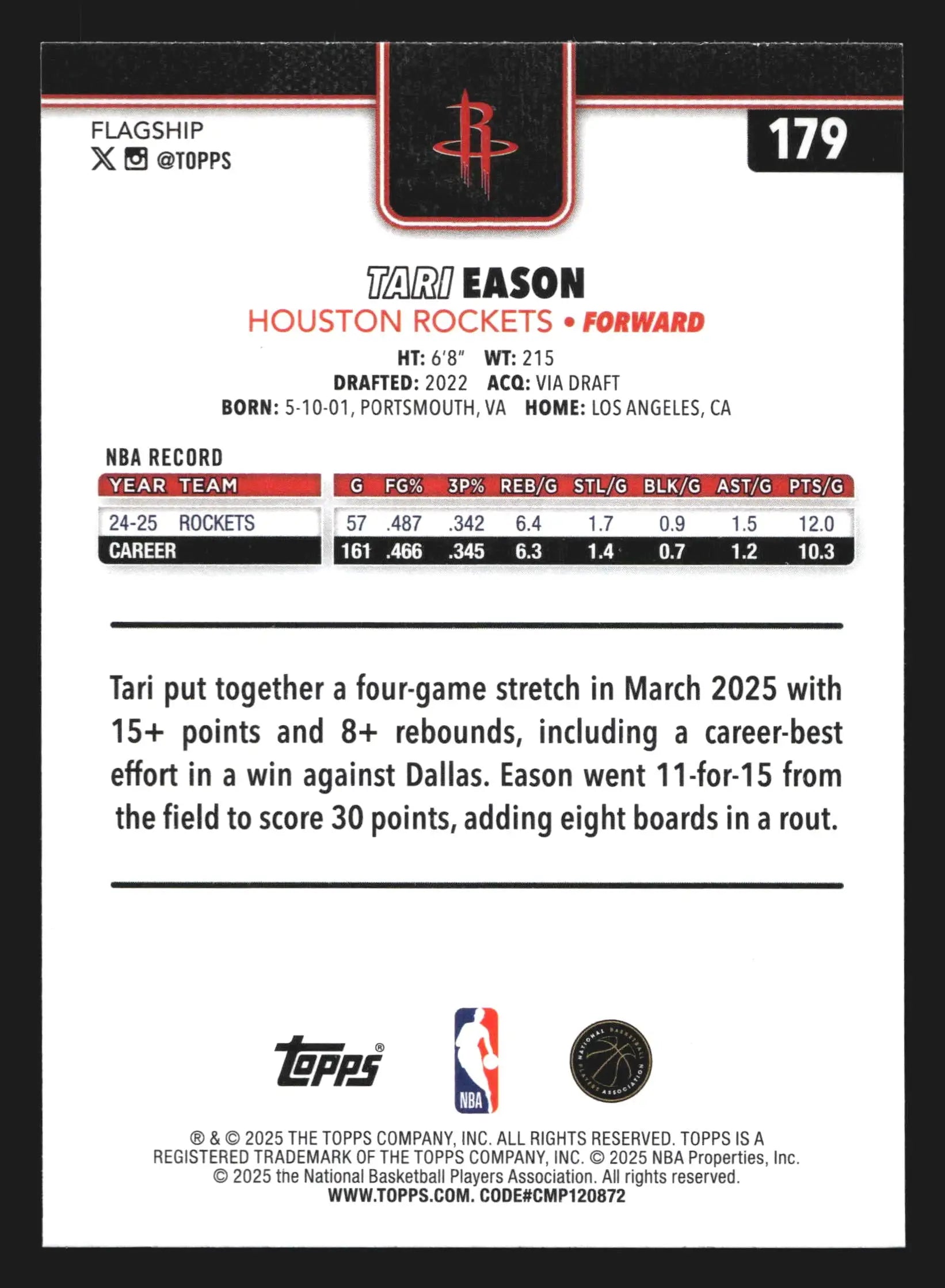 2025-26 Topps Tari Eason #179 Houston Rockets - Basketball Card Single