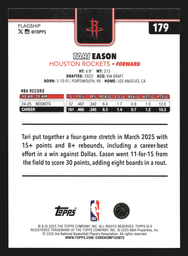 2025-26 Topps Tari Eason #179 Houston Rockets - Basketball Card Single