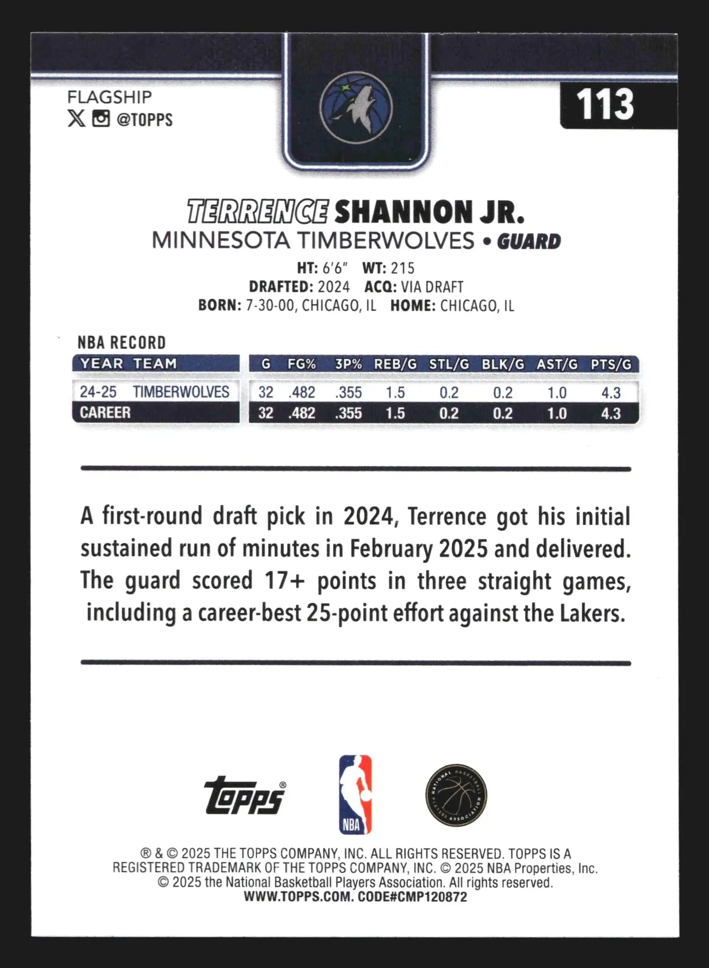 2025-26 Topps Terrence Shannon Jr. #113 Minnesota Timberwolves - Basketball Card Single
