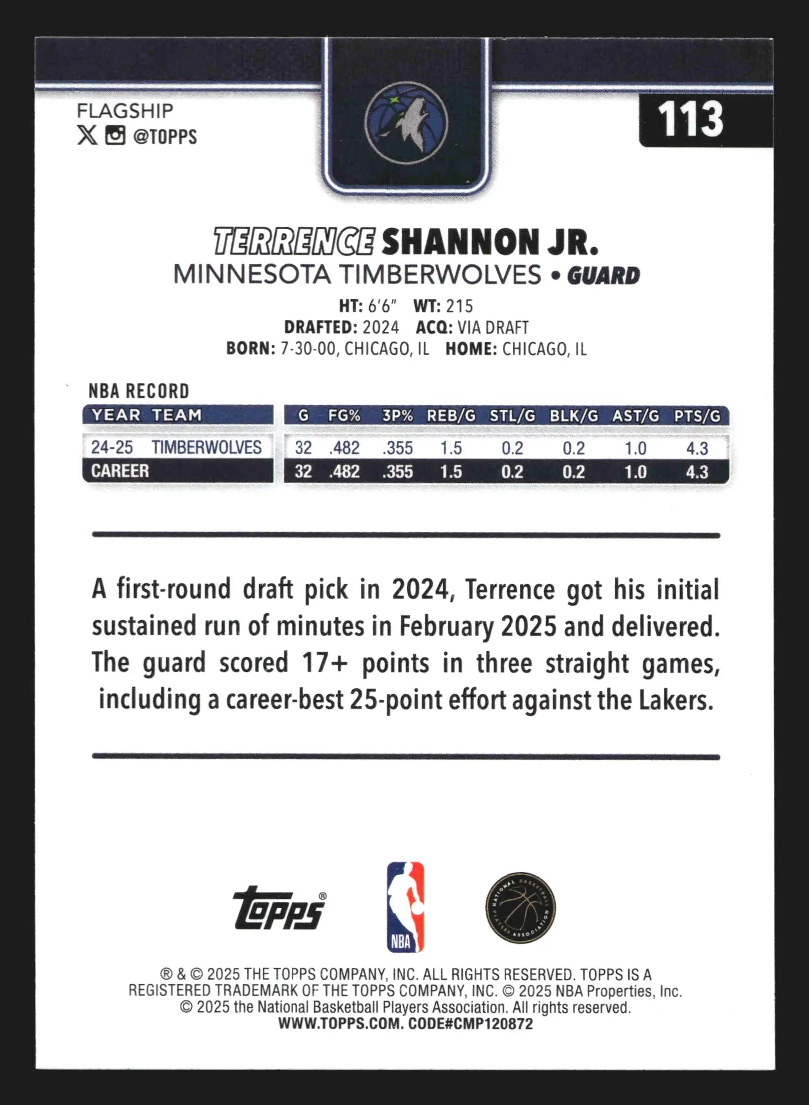 2025-26 Topps Terrence Shannon Jr. #113 Minnesota Timberwolves - Basketball Card Single