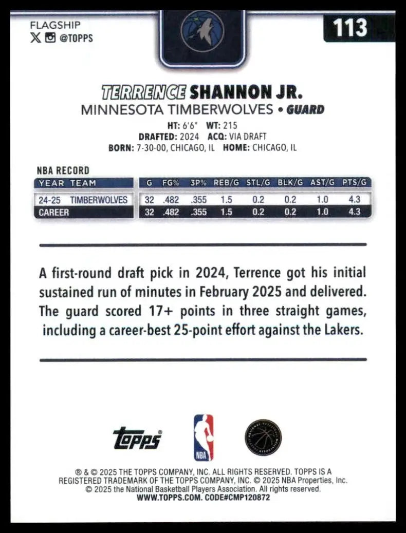 2025-26 Topps Terrence Shannon Jr #113 Minnesota Timberwolves Basketball Card - Basketball Card Single