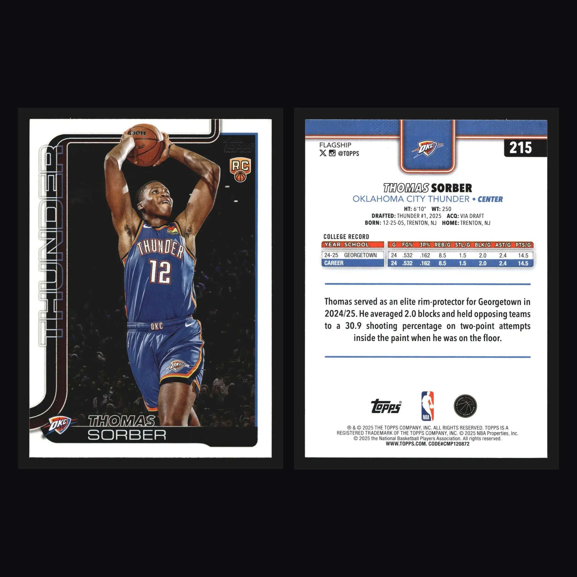 2025-26 Topps Thomas Sorber #215 Oklahoma City Thunder RC - Basketball Card Single
