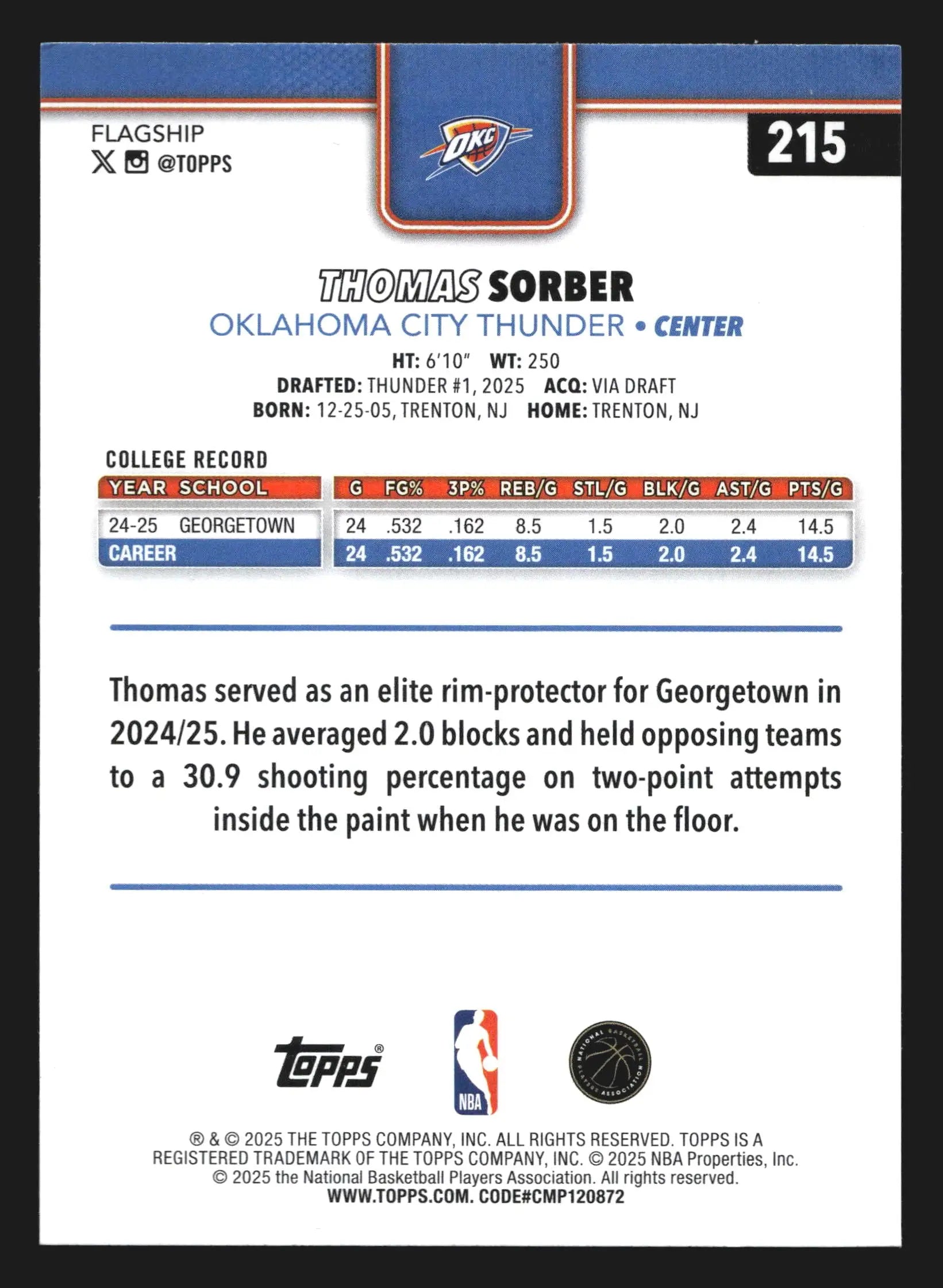 2025-26 Topps Thomas Sorber #215 Oklahoma City Thunder RC - Basketball Card Single