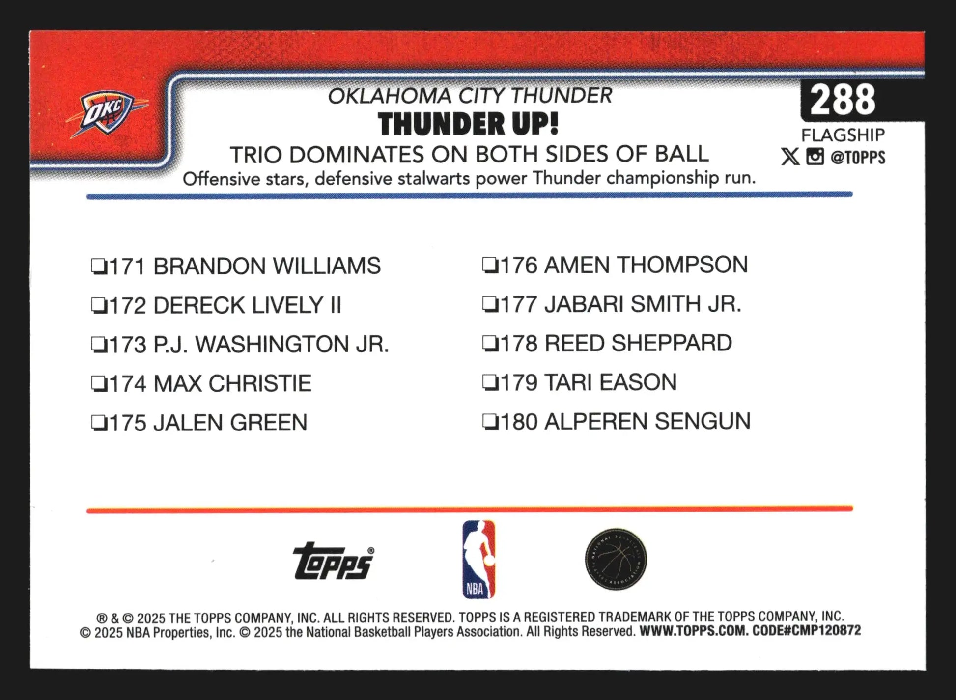 2025-26 Topps Thunder Up! #288 Oklahoma City Thunder - Basketball Card Single