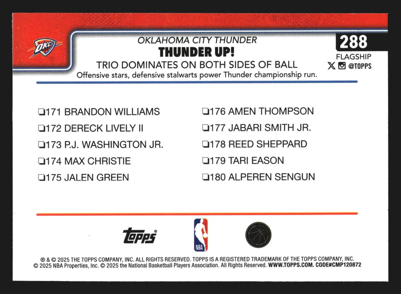 2025-26 Topps Thunder Up! #288 Oklahoma City Thunder - Basketball Card Single