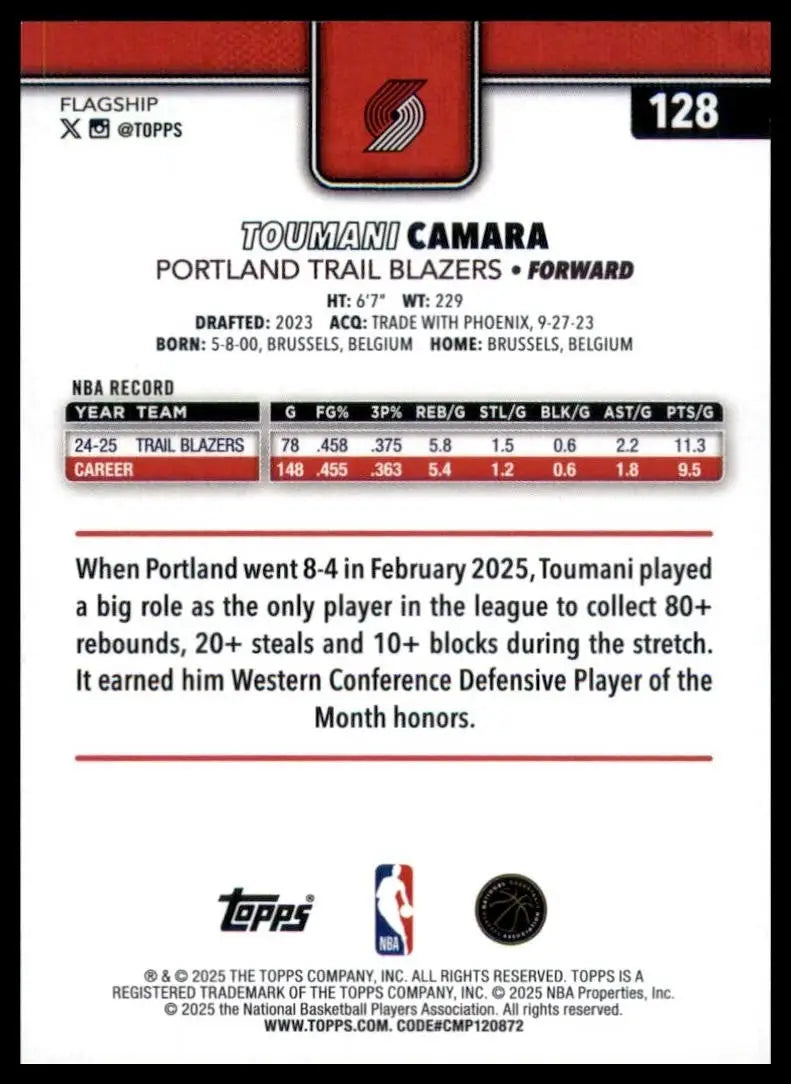 2025-26 Topps Toumani Camara #128 Portland Trail Blazers Basketball Card NBA - Basketball Card Single