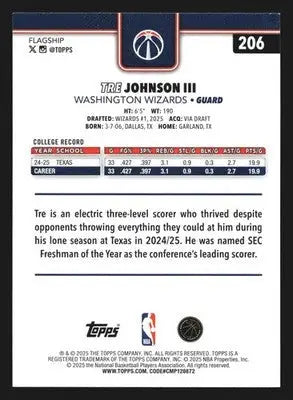 2025-26 Topps Tre Johnson III #206 RC Wizards - Basketball Card Single