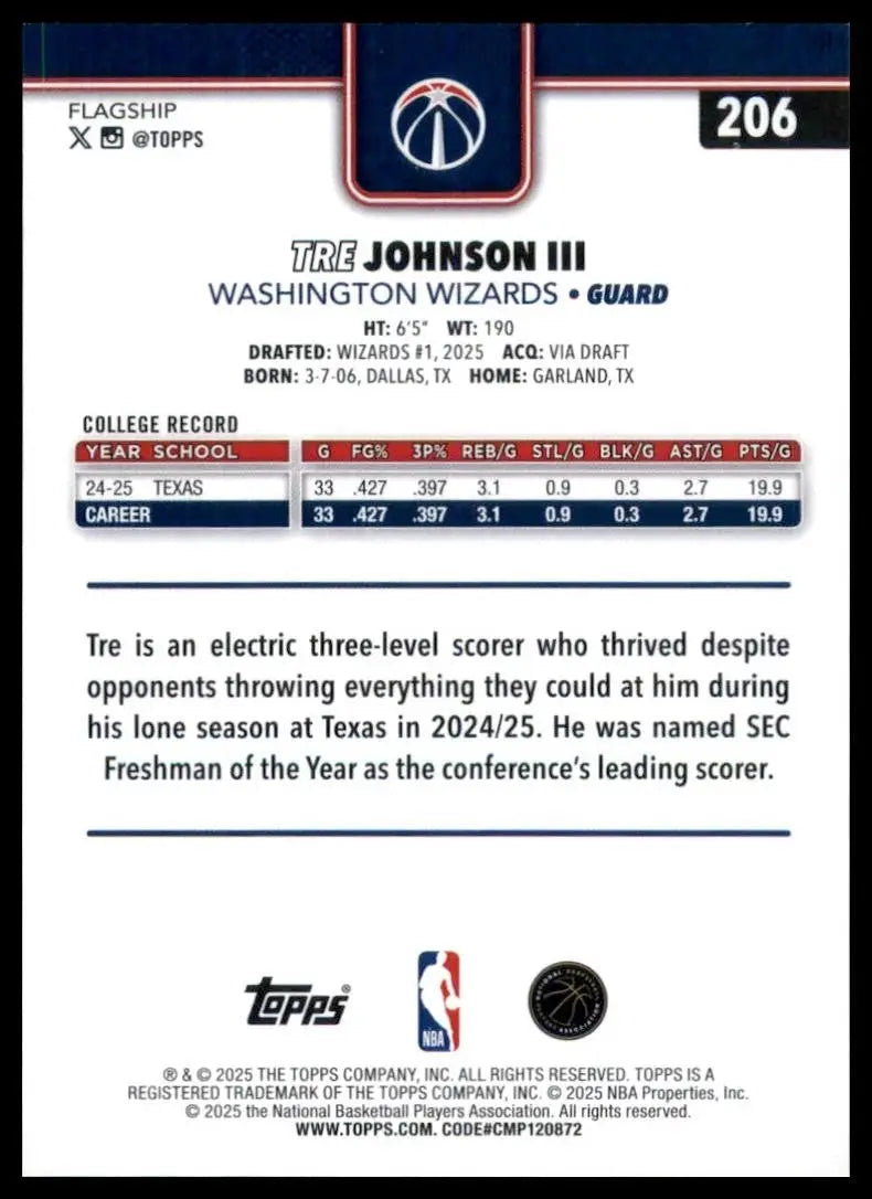 2025-26 Topps Tre Johnson III Rookie #206 Washington Wizards Basketball Card NBA - Basketball Card Single