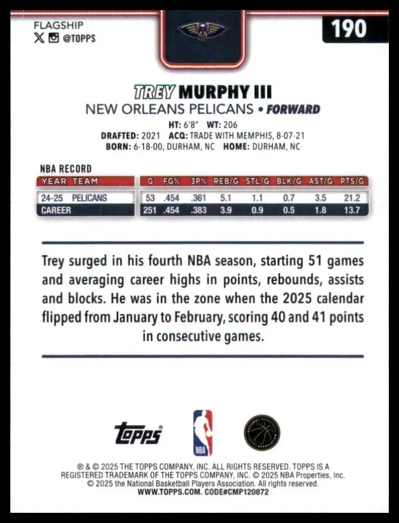 2025-26 Topps Trey Murphy III #190 New Oreleans Pelicans Basketball Card NBA - Basketball Card Single