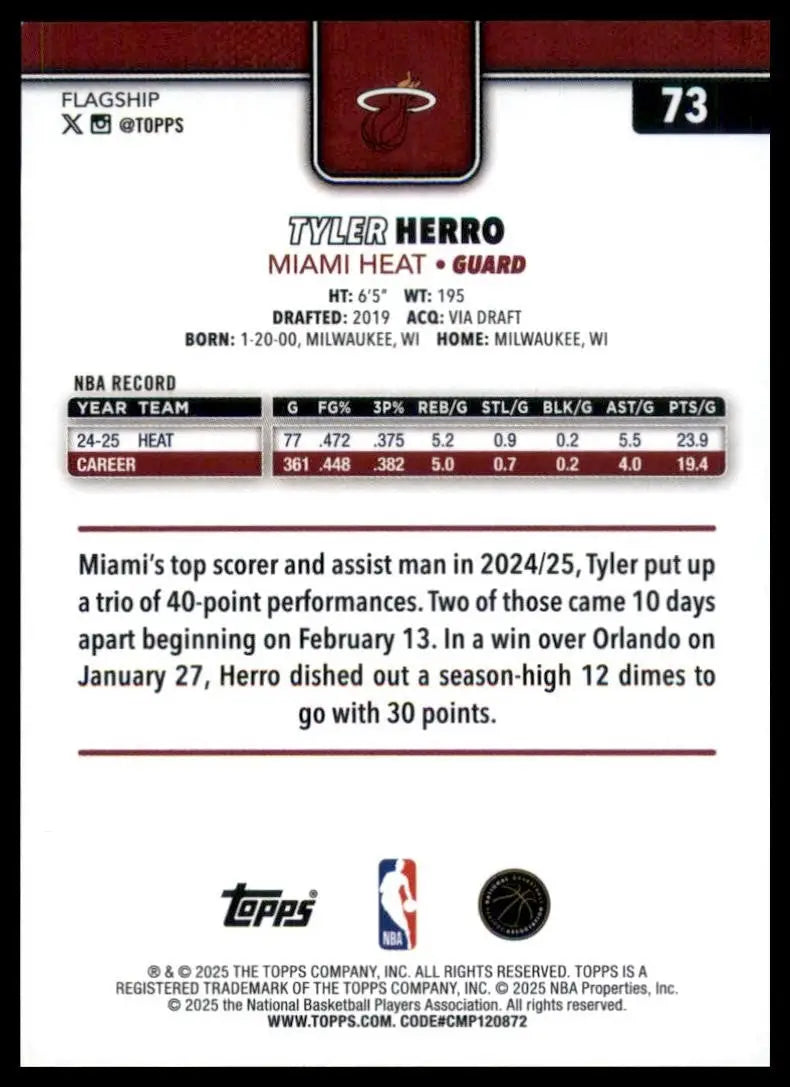 2025-26 Topps Tyler Herro #73 Miami Heat Basketball Card NBA Sports - Basketball Card Single