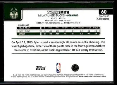 2025-26 Topps Tyler Smith #60 Base Milwaukee Bucks
