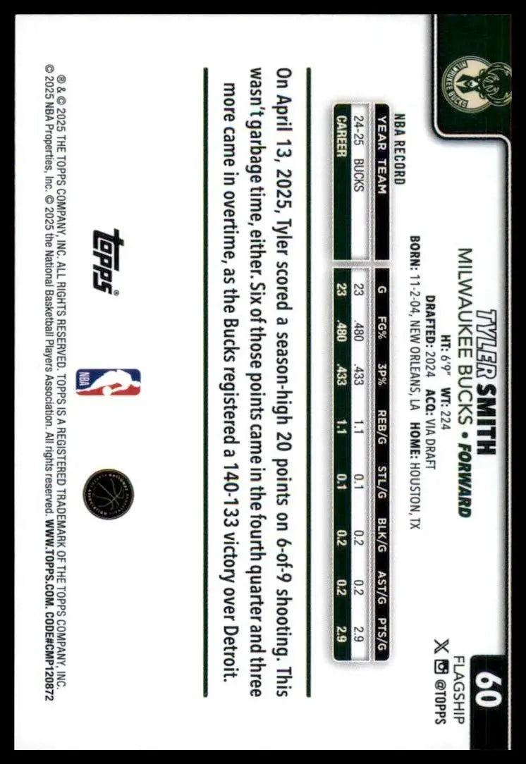 2025-26 Topps Tyler Smith #60 Milwaukee Bucks Basketball Card NBA Sports - Basketball Card Single