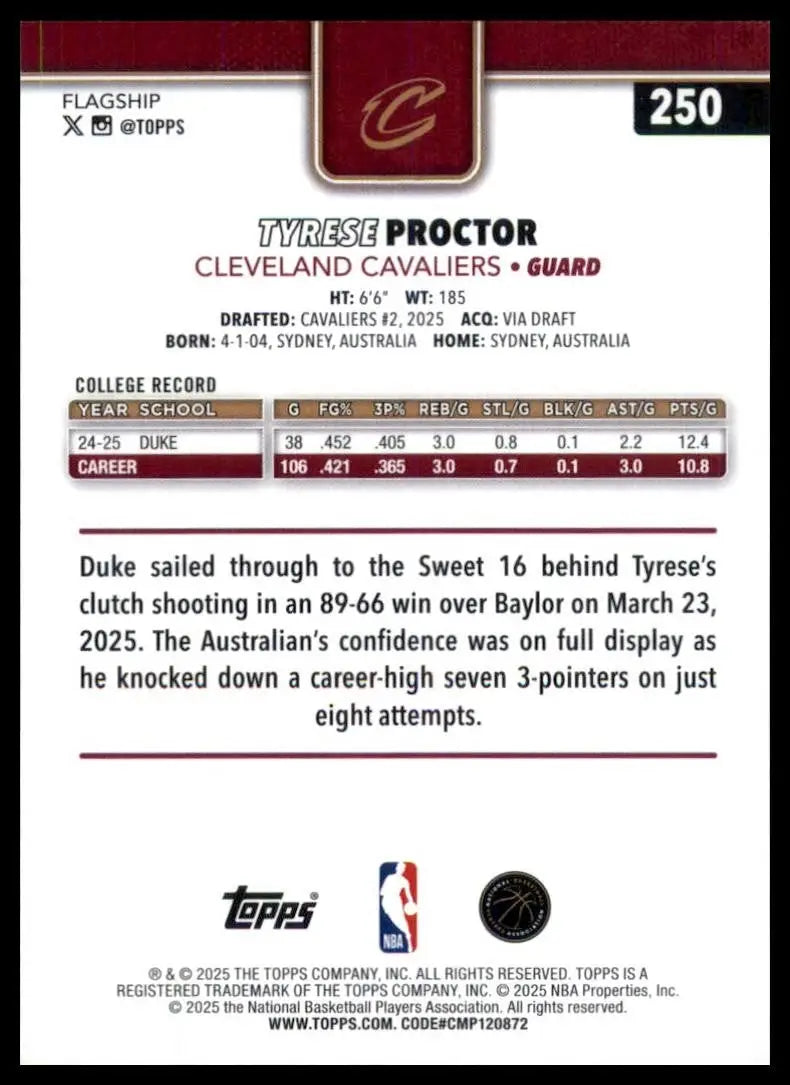 2025-26 Topps Tyrese Proctor Rookie #250 Cleveland Cavaliers Basketball Card NBA - Basketball Card Single