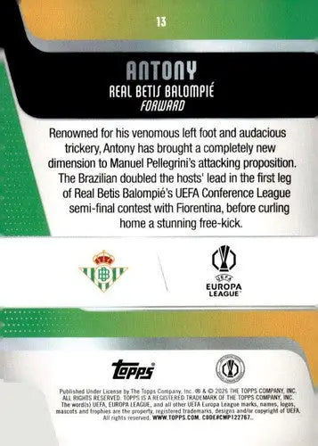 2025-26 Topps UEFA Club Competitions #13 Antony NM-MT ID:82257 - Soccer Card Single