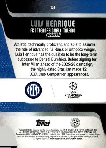 2025-26 Topps UEFA Club Competitions #131 Luis Henrique NM-MT ID:82292 - Soccer Card Single
