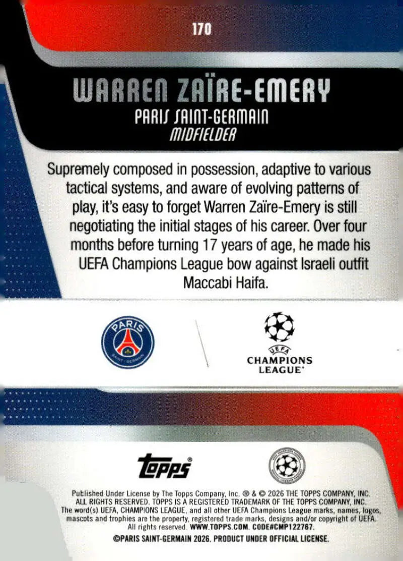 2025-26 Topps UEFA Club Competitions #170 Warren Zaire-Emery NM-MT ID:82301 - Soccer Card Single