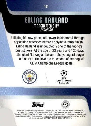 2025-26 Topps UEFA Club Competitions #181 Erling Haaland NM-MT ID:82306 - Soccer Card Single