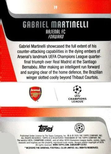 2025-26 Topps UEFA Club Competitions #19 Gabriel Martinelli NM-MT ID:82259 - Soccer Card Single