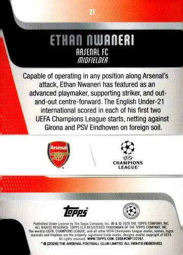 2025-26 Topps UEFA Club Competitions #21 Ethan Nwaneri NM-MT ID:82260 - Soccer Card Single