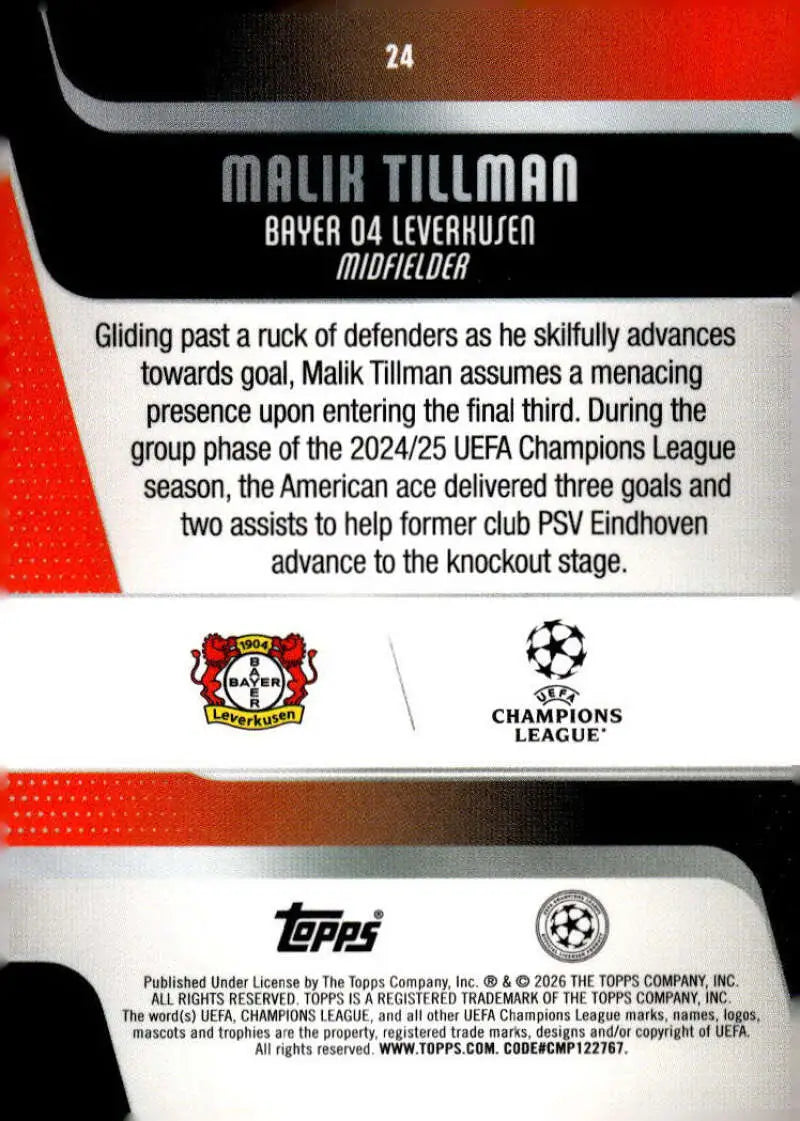 2025-26 Topps UEFA Club Competitions #24 Malik Tillman NM-MT ID:82261 - Soccer Card Single
