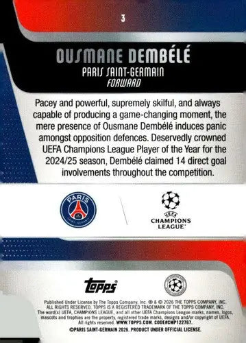 2025-26 Topps UEFA Club Competitions #3 Ousmane Dembele NM-MT ID:82255 - Soccer Card Single