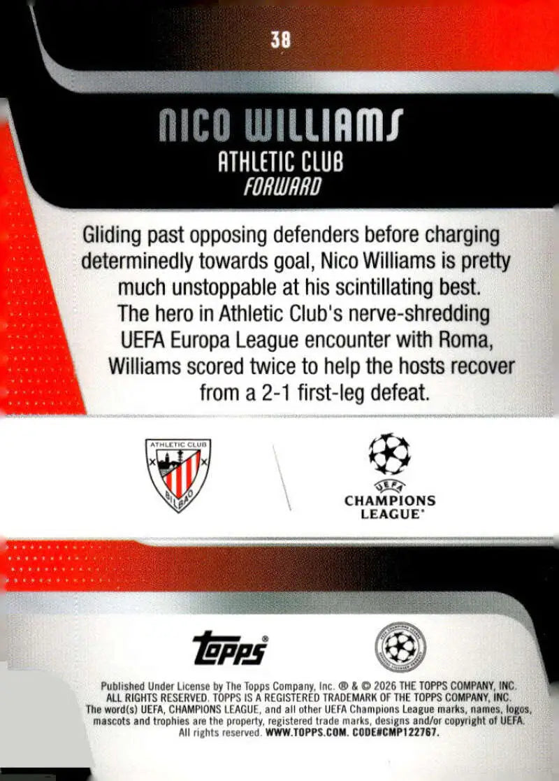 2025-26 Topps UEFA Club Competitions #38 Nico Williams NM-MT ID:82264 - Soccer Card Single