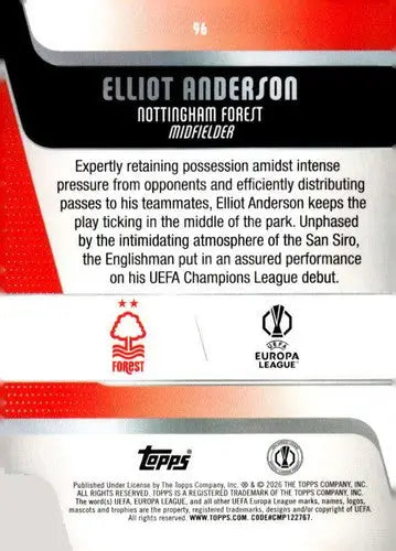 2025-26 Topps UEFA Club Competitions #96 Elliot Anderson NM-MT ID:82284 - Soccer Card Single