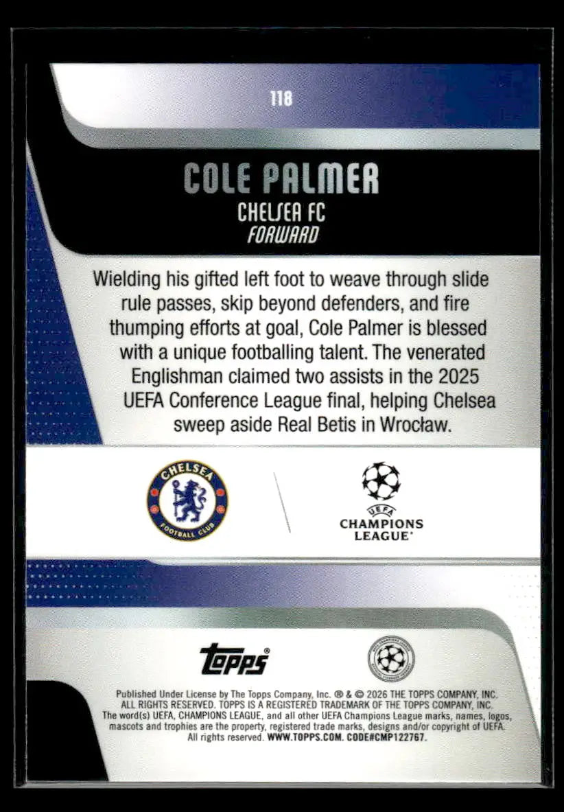 2025-26 Topps UEFA Club Competitions Cole Palmer #118 Chelsea FC - Soccer Card Single