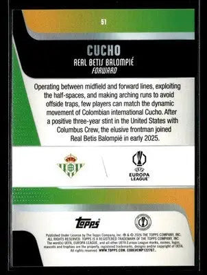 2025-26 Topps UEFA Club Competitions Cucho #51 Betis