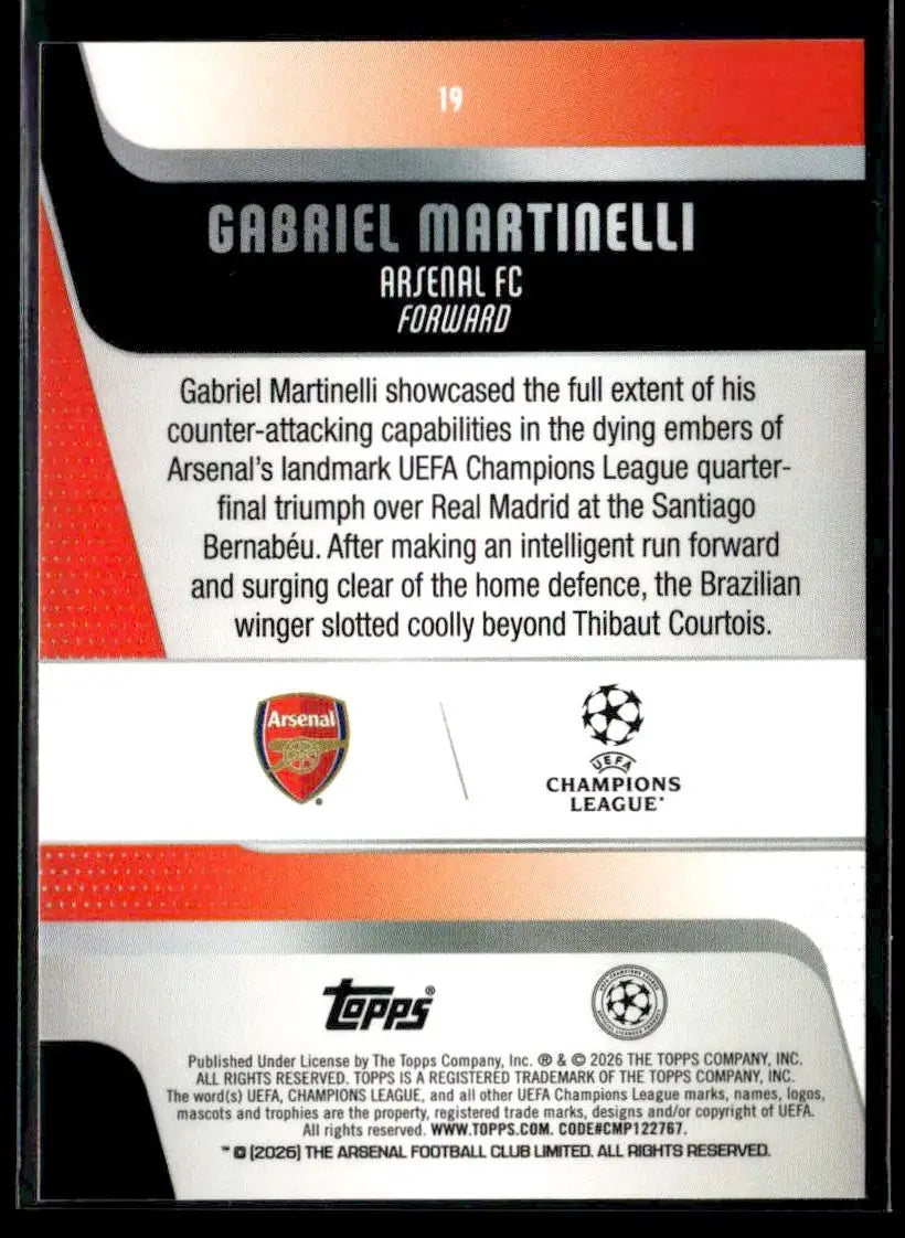 2025-26 Topps UEFA Club Competitions Gabriel Martinelli #19 Arsenal FC