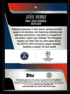 2025-26 Topps UEFA Club Competitions João Neves #14 Paris Saint-Germain - Soccer Card Single