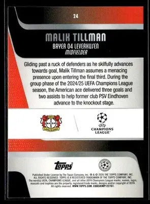2025-26 Topps UEFA Club Competitions Malik Tillman #24 Bayer 04 Leverkusen