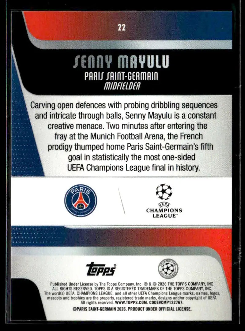 2025-26 Topps UEFA Club Competitions Senny Mayulu #22 Paris Saint-Germain
