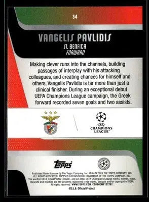 2025-26 Topps UEFA Club Competitions Vangelis Pavlidis #34 Benfica